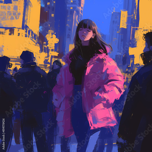 An Asian Woman Embraces the City Nightlife in a Vivid Pink Coat. © RobertGabriel