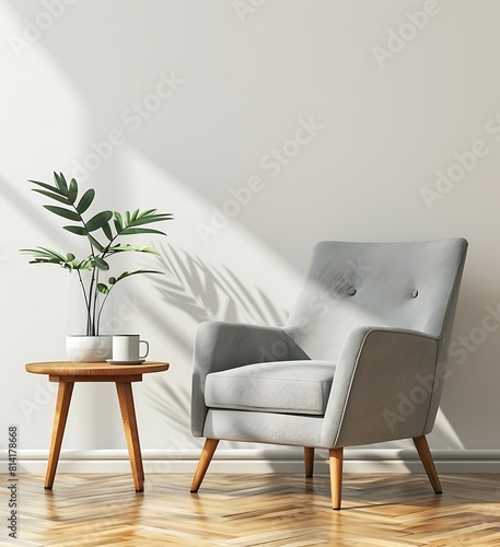 Modern interior, Scandinavian style armchair and coffee table with mug on white background