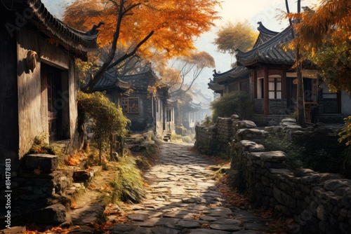 Peaceful  historical street lined with traditional houses amidst vibrant fall foliage