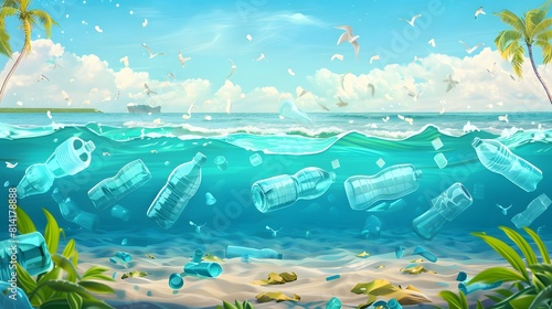 Plastic water bottles and bags floating in ocean landscape  spilled garbage microplastics covering on beach  pollution problem concept  Unhealthy environment problem.