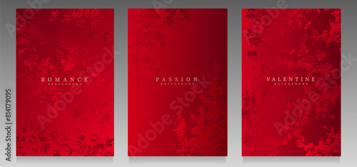 Luxury cover set, red collection. Floral pattern on gradient background. Flower silhouettes for beauty card, wedding, greeting, elegant invitation, packaging, cosmetics.