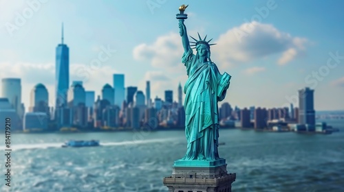 Independent Day of USA. Statue of liberty and american Flag Wave Close Up for Memorial Day or 4th of July