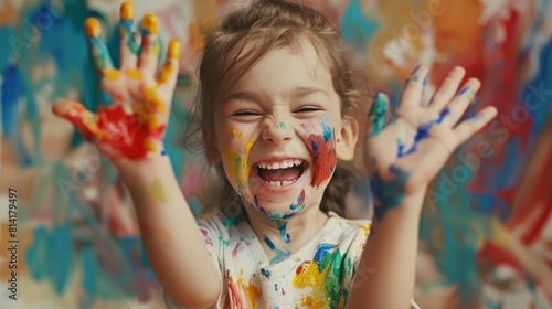A Funny Child Girl Drew While Laughing  Her Hands Covered In Paint High Resolution