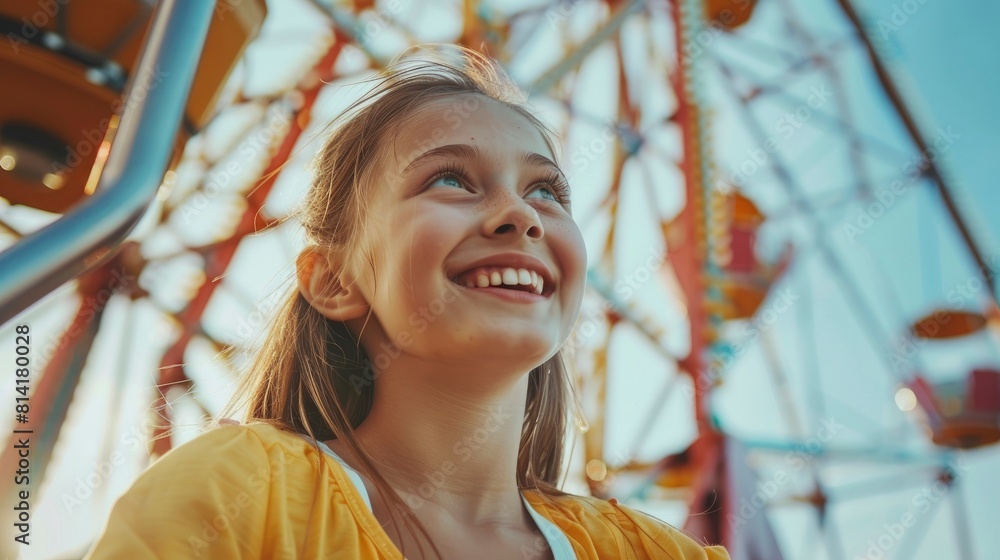 A Happy Girl Smiled As She Rode A Ferris Wheel In An Amusement Park, Enjoying The Thrill Of The Ride,High Resolution A Happy Girl Smiled As She Rode A Ferris Wheel In An Amusement Park, Enjoying The Thrill Of The Ride,High Resolution