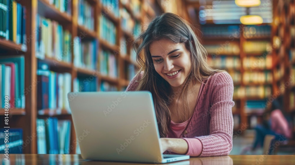 A Happy Smiling College Girl Studied On Her Laptop, Dedicated To Her Academic Pursuits,High Resolution A Happy Smiling College Girl Studied On Her Laptop, Dedicated To Her Academic Pursuits,High Resolution
