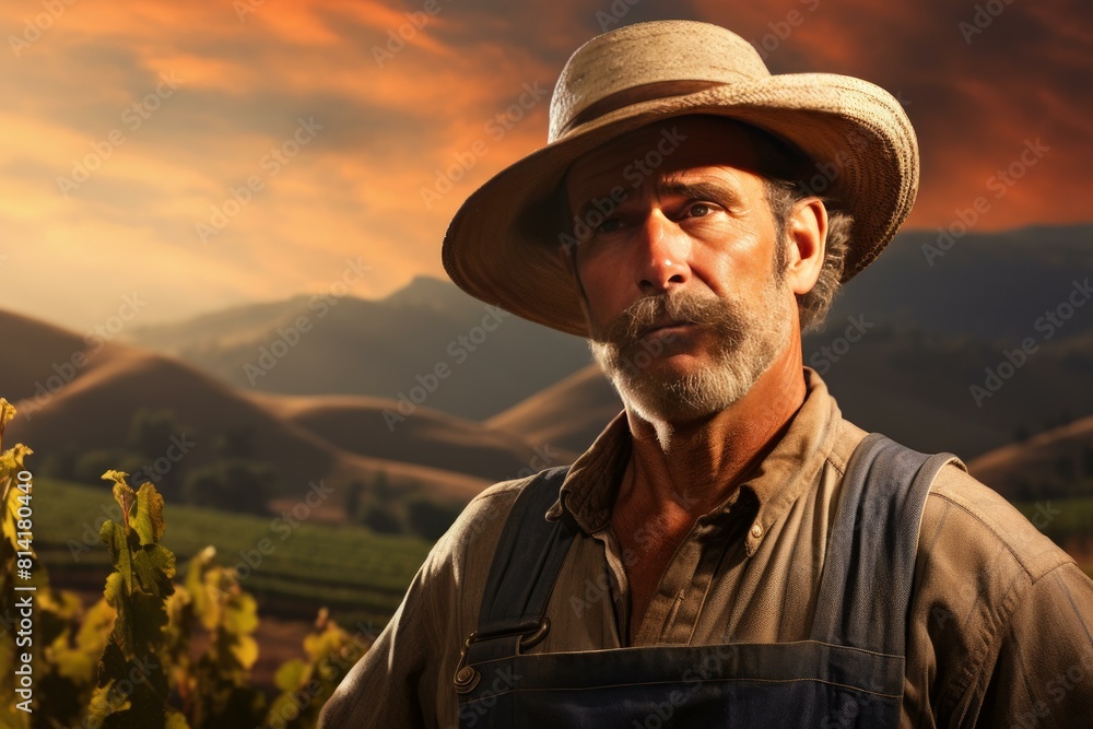 Rugged farmer in a hat stands proudly before his vineyard at sunset with rolling hills in the background Rugged farmer in a hat stands proudly before his vineyard at sunset with rolling hills in the background