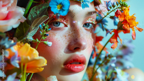 Artistic photo of woman surrounded by flowers,