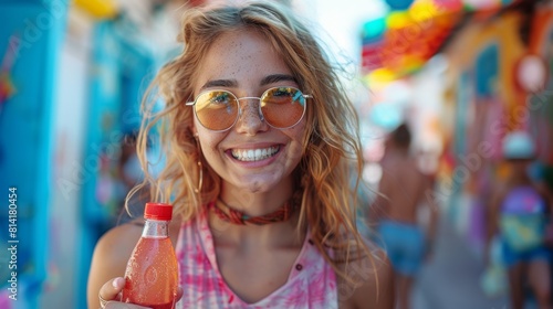 wellness beverage, a young woman taking a refreshing break, energized with an electrolyte beverage and feeling rejuvenated with a burst of energy photo