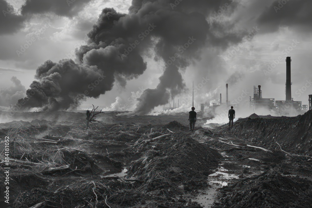 Fototapeta premium Scene is somber and bleak, as the landscape is barren and polluted. environmental pollution concept