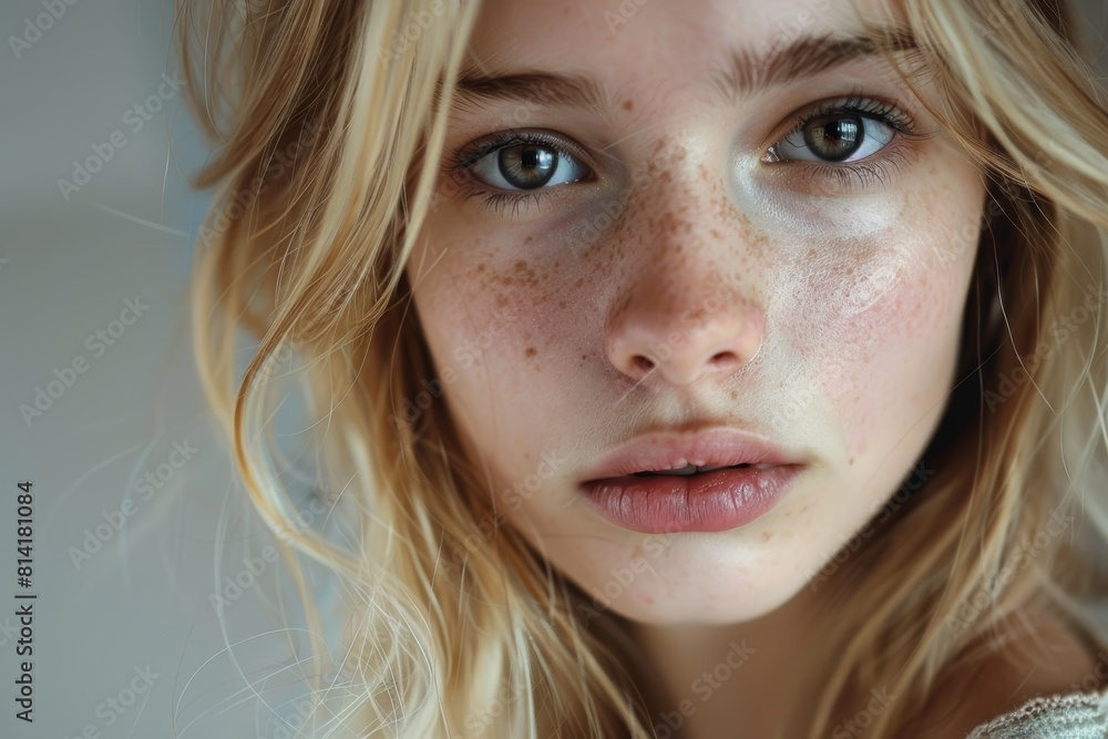 Close-Up Portrait of a Young Woman with Freckles and Natural Look
Close-Up Portrait of a Young Woman with Freckles and Natural Look