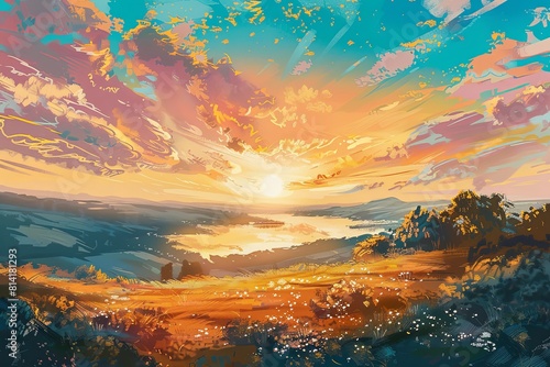 A painting depicting a colorful sunset over a hill, with vibrant hues blending in the sky. Generative AI