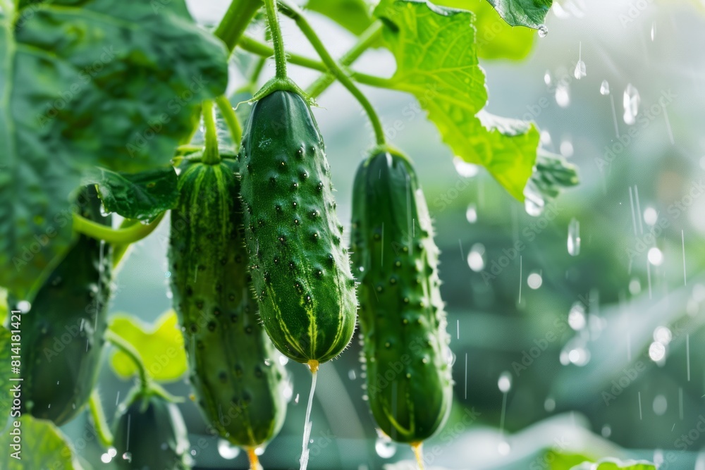 Close-up of fresh cucumbers hanging from the vine, being watered in greenhouse, highlighting sustainable agricultural practices Close-up of fresh cucumbers hanging from the vine, being watered in greenhouse, highlighting sustainable agricultural practices