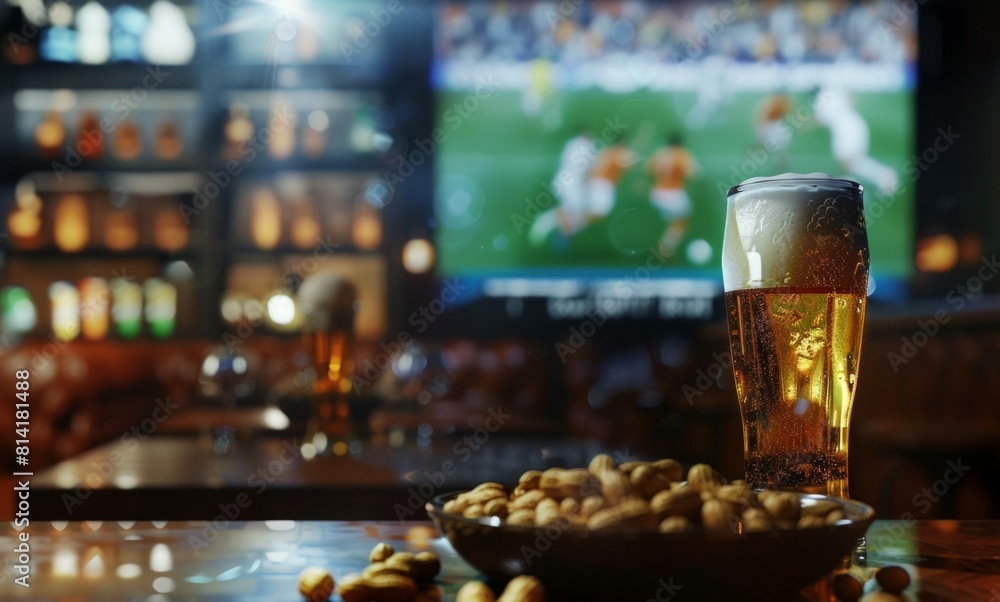 Glass of cold beer and chips, football match in background. Evening watching football Glass of cold beer and chips, football match in background. Evening watching football