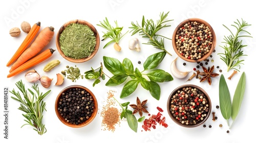 Top view of Herbs and spices isolated on background  ingredients for cooking food  healthy vegetables food  high fibers and vitamins.
