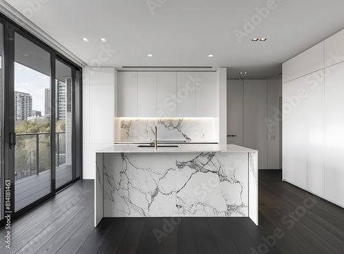 Modern kitchen interior, white cabinets and marble island in the center of the black floor with a wood texture look,