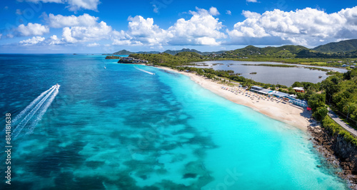 Fototapeta Naklejka Na Ścianę i Meble -  Panoramic aerial view of the beautiful Darkwood Beach at the Caribbean island of Antigua with turquoise sea and fine sand