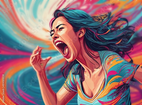 Colorful illustration of a screaming long haired woman