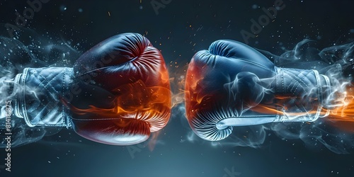 Conceptual image of fiery and icy boxing gloves colliding with explosive power. Concept Conceptual Imagery, Fiery vs Icy, Explosive Power, Boxing Gloves, Clash of Elements photo