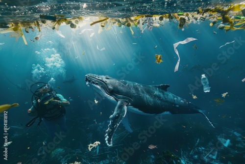 A man is swimming with a whale in the ocean. environmental pollution concept