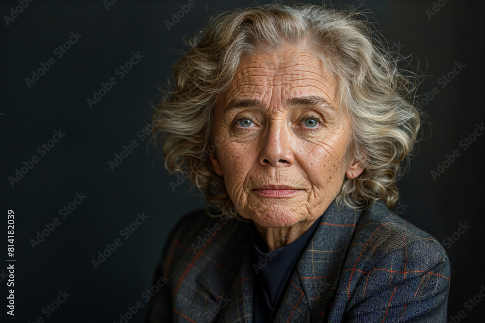 Elegant senior woman posing against dark grey blank background, for marketing campaign