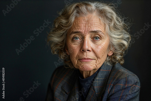 Elegant senior woman posing against dark grey blank background, for marketing campaign
