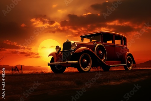 Classic car silhouetted against a vibrant sunset sky on an open road