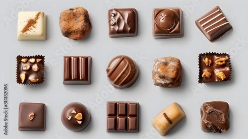 Various of chocolate pralines from top view isolated on background, collection tasty sweet dessert chocolate, piece of dark chocolate. 