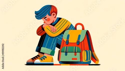 Illustration of a pensive young boy leaning on his multi colored backpack. Concept Back to School.