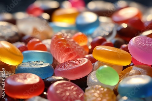 Macro shot of various shiny hard candies with vibrant colors and textures