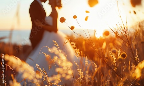 Wedding photo at sunset by the beach photo