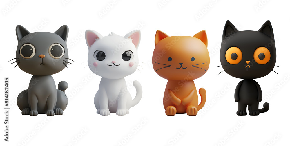3D Cartoon Illustration of Cute Cats Set: White, Gray, Black, and Orange, Isolated on Transparent Background, PNG 3D Cartoon Illustration of Cute Cats Set: White, Gray, Black, and Orange, Isolated on Transparent Background, PNG