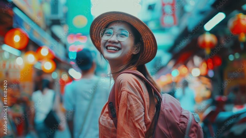 A Traveler And Backpacker, An Asian Woman Explored Bangkok, Thailand, Her Happiness Evident In Her Vibrant Expression,High Resolution A Traveler And Backpacker, An Asian Woman Explored Bangkok, Thailand, Her Happiness Evident In Her Vibrant Expression,High Resolution