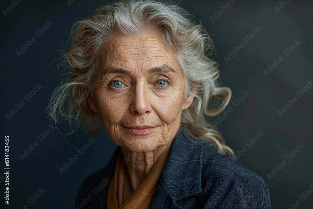 Older caucasian woman posing in business suit against dark grey background, for marketing campaign Older caucasian woman posing in business suit against dark grey background, for marketing campaign