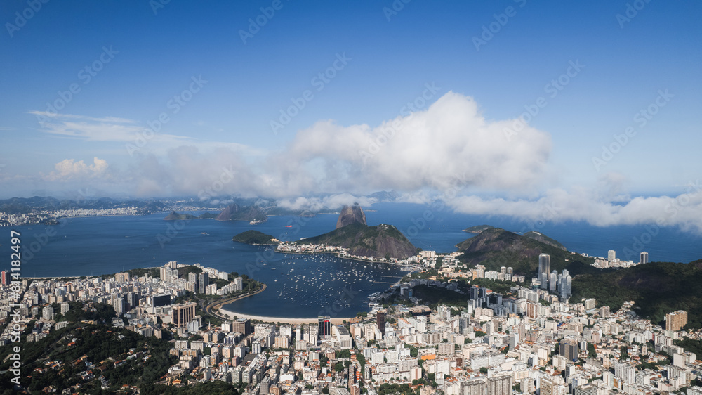 aerial view of the city of Rio de Janeiro, view from Mirante Dona Marta, sunny day, lagoons, hills, forest, beaches