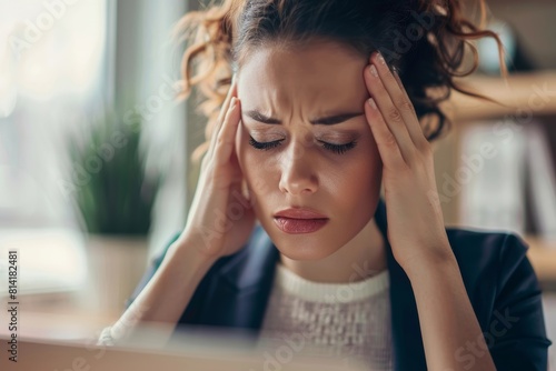 Businesswoman Holding Head in Despair at Desk, Overwhelmed by Workload - Headache Stress Management, Burnout Prevention, Workplace Health, Mental Well-being photo