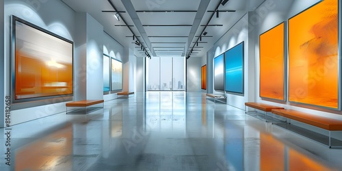 Empty art gallery with white walls and coral frames for mockup posters. Concept Art Gallery  Mockup Posters  White Walls  Coral Frames