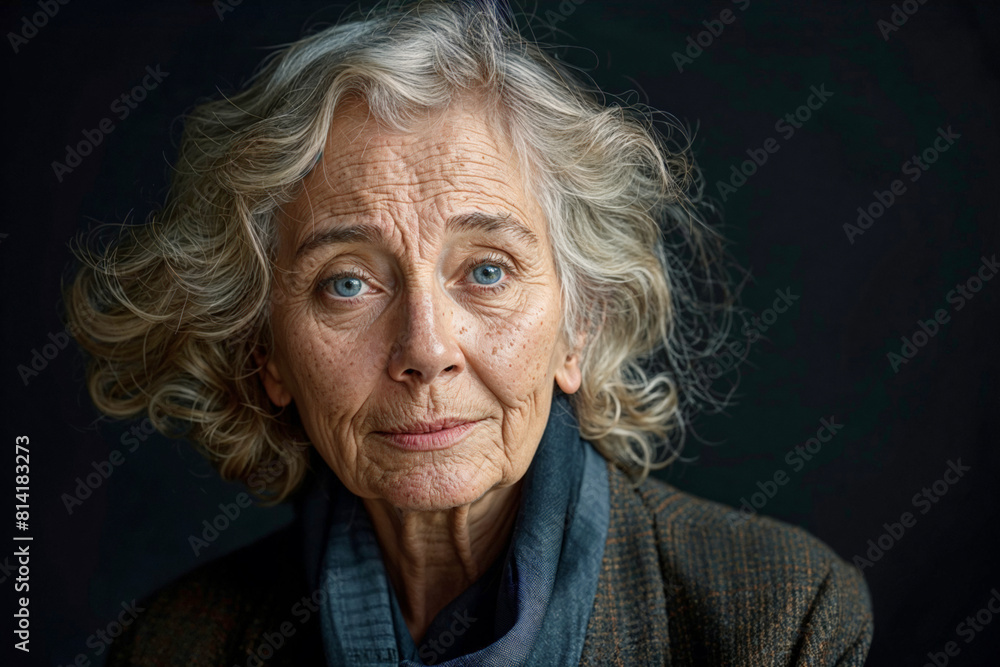 Senior caucasian woman with blue eyes looking at camera against dark gray background with copy space Senior caucasian woman with blue eyes looking at camera against dark gray background with copy space