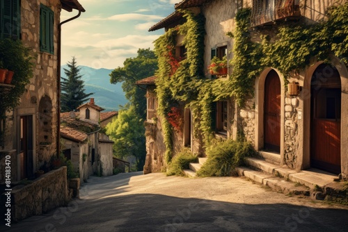 Warm sunlight bathes a charming cobblestone alley lined with traditional stone houses and lush greenery
