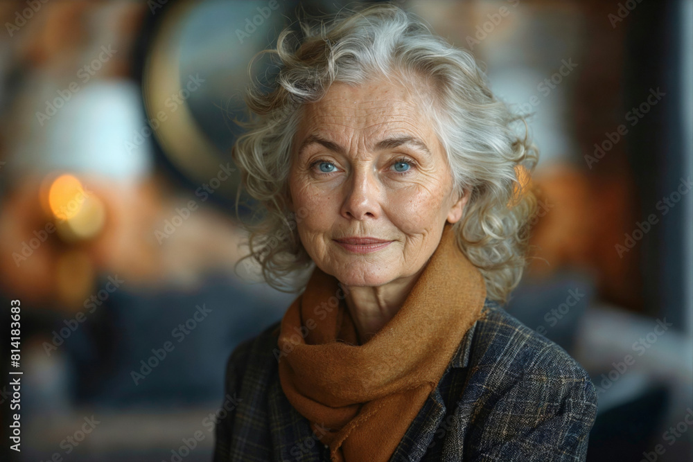 Senior caucasian woman looking at camera in blurred rich living room interior for ads Senior caucasian woman looking at camera in blurred rich living room interior for ads