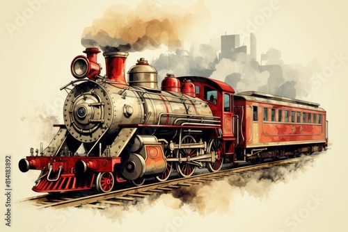 Detailed vintage steam locomotive illustration in classic red, showcasing the historic and nostalgic era of traditional train travel, with artistic rendering and intricate artistic rendering