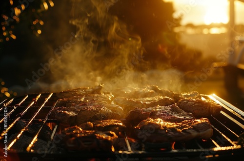 several hamburgers are being grilled on a grill outside