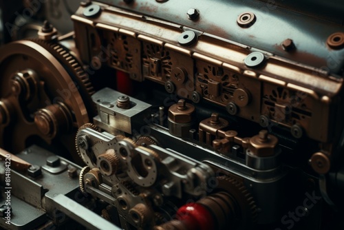 Close-up of intricate vintage precision machinery showing detailed cogwheels, levers, and metallic parts, showcasing the craftsmanship and complexity of antique industrial equipment