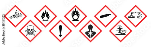 ghs hazard warning alert danger synbols in red white diamond set transparent background photo