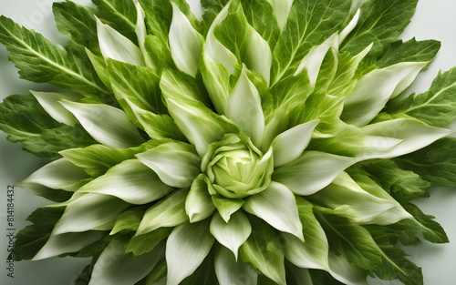 Endive leaves arranged in a circle, bright white and green, clean background