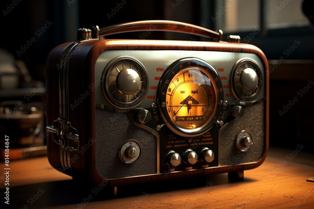 Classic wooden radio with a warm glow illuminates a dark room