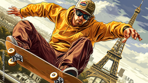 A man is skateboarding in front of the Eiffel Tower