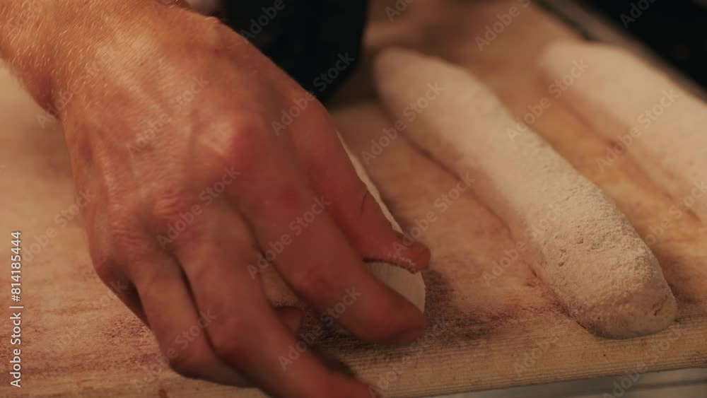 Bakery chef making fresh Artesian buns and baguettes using traditional recipe close-up. Young man kneading dough. Artisan bread is making by skill bakers using natural and high-quality ingredients Bakery chef making fresh Artesian buns and baguettes using traditional recipe close-up. Young man kneading dough. Artisan bread is making by skill bakers using natural and high-quality ingredients