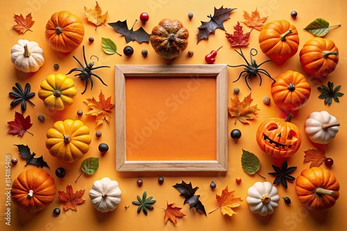 Halloween background with pumpkins  leaves and empty frame on orange