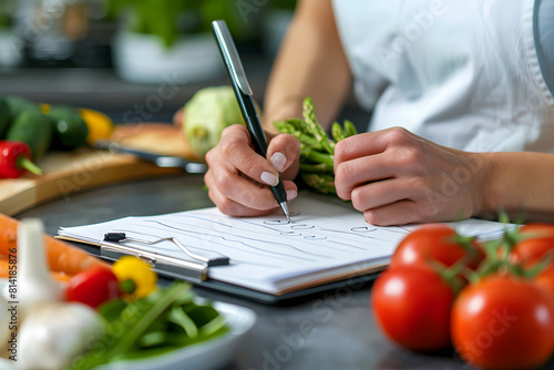 a registered dietitian's hands writing personalized meal plans for clients to support their health and nutrition goals