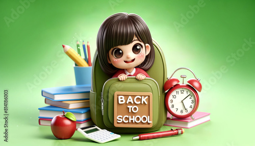 Vibrant illustration of cheerful girl peeking from behind green backpack surrounded by books, pencils, aapple, and a red alarm clock all set against lively green background. Concept Back to School.